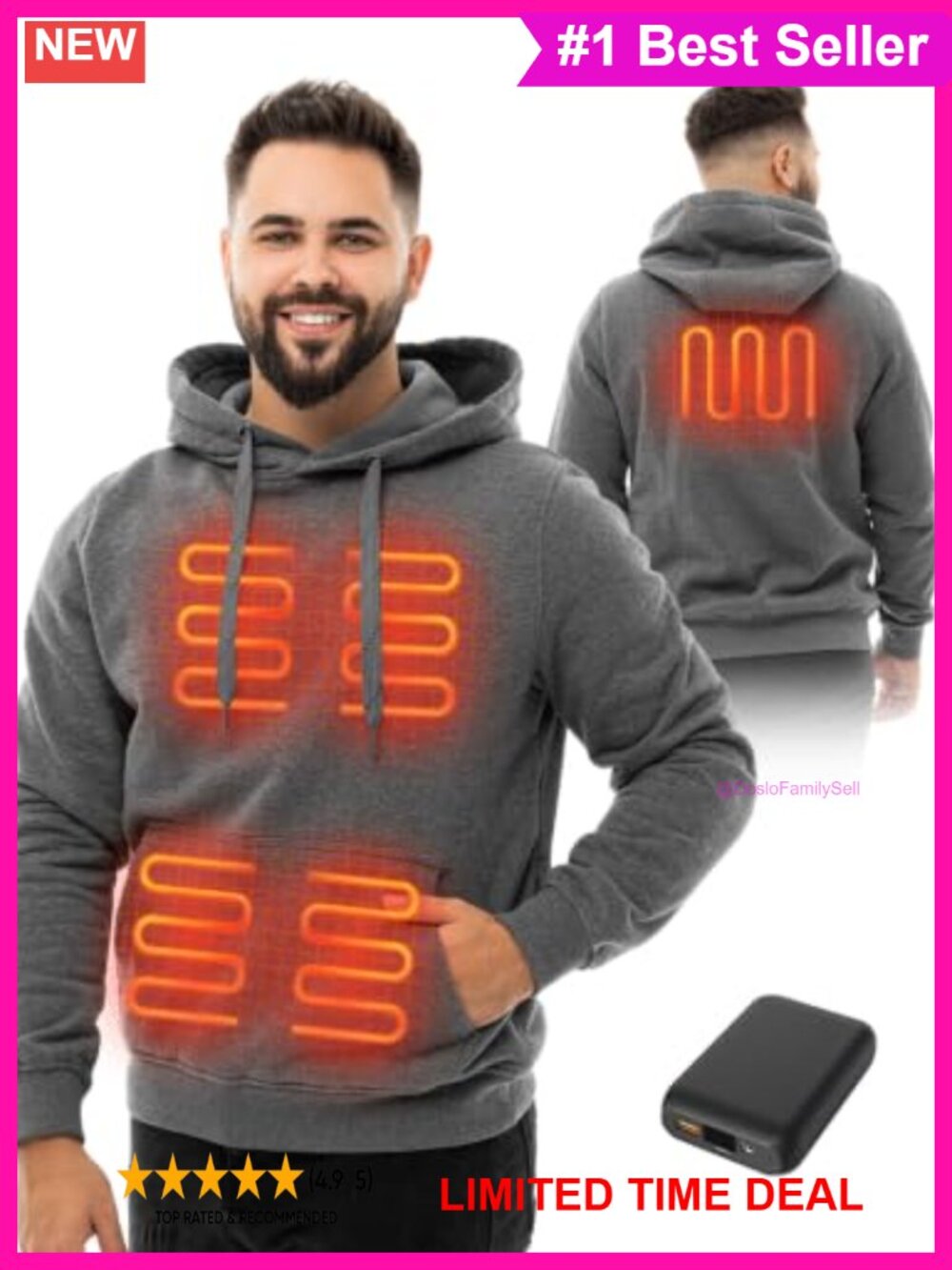 Heated Hoodie with 12V 16000mAh Power Bank, 5 Heating Zones, Cotton Wool Blend